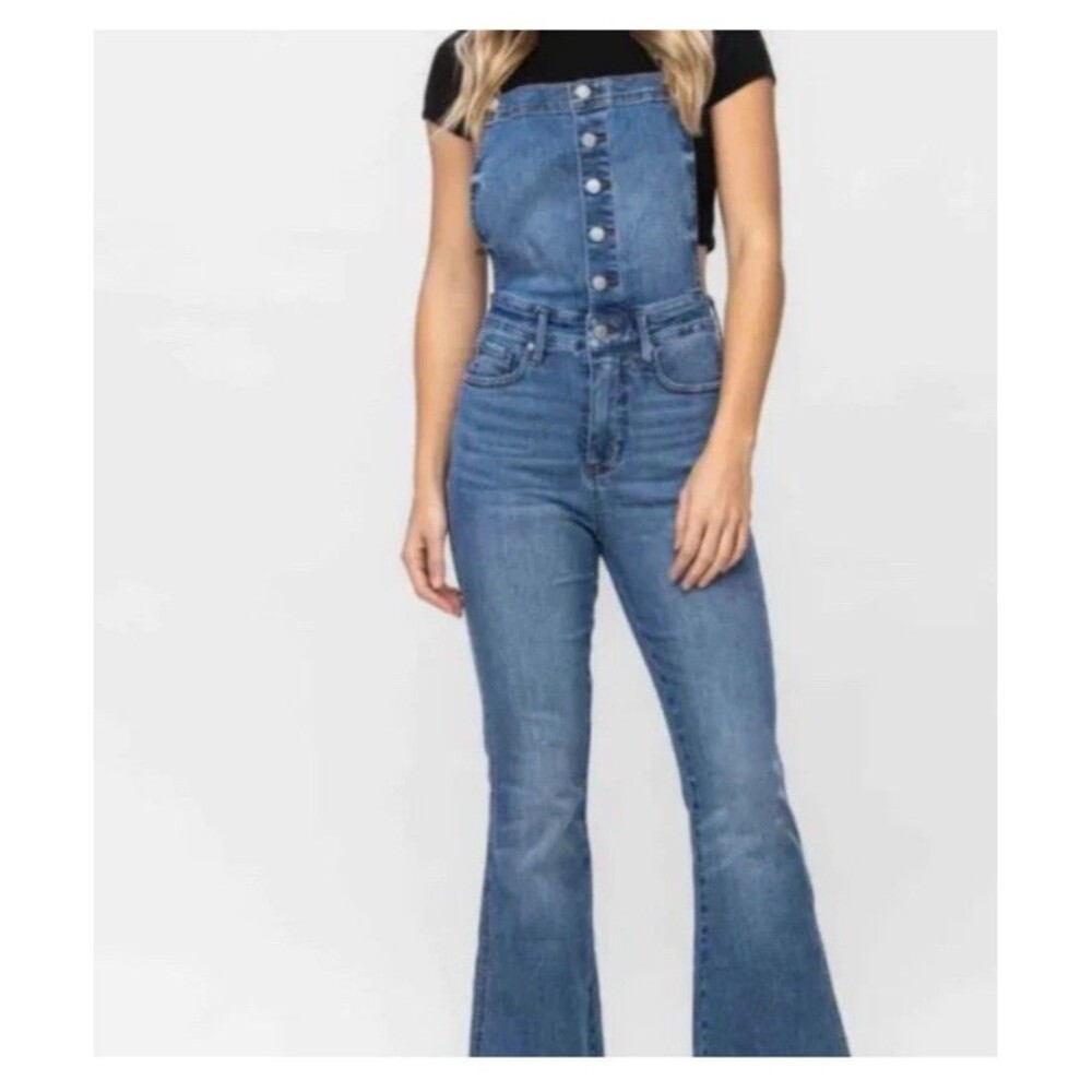 Judy Blue Womens Stretch Flare Overalls Size M Tummy Control Medium Wash Denim